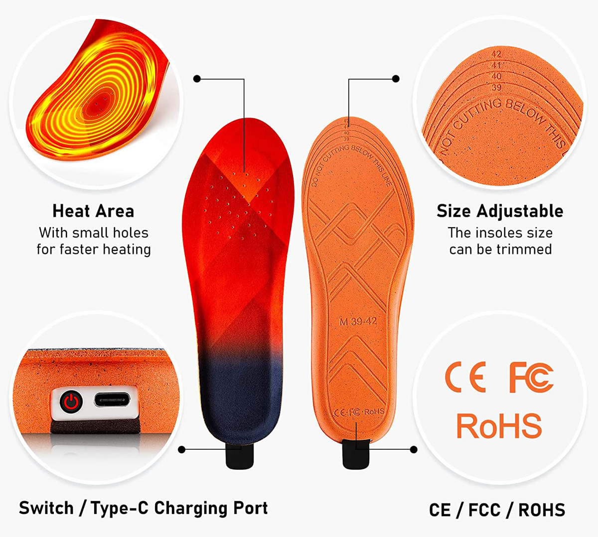 Rechargeable Heated Insoles with Three Temperature Settings and 10-Hour Runtime