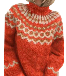 Fair Isle Knit Pullover Sweater in Wool Blend with Ribbed Cuffs for Cold Weather Layering