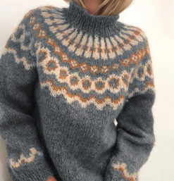 Fair Isle Knit Pullover Sweater in Wool Blend with Ribbed Cuffs for Cold Weather Layering