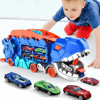 Dinosaur Transport Truck That Transforms into an Upright Dinosaur with Two Race Tracks and Storage for Eight Toy Cars