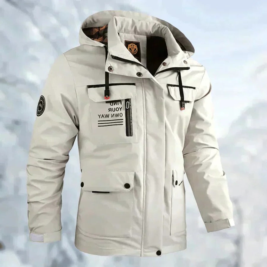 Men's Outdoor Jacket with Removable Hood and Breathable Membrane, Zippered Pockets