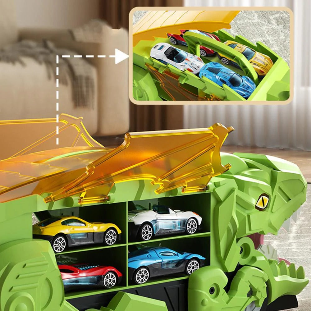 Dinosaur Transport Truck That Transforms into an Upright Dinosaur with Two Race Tracks and Storage for Eight Toy Cars