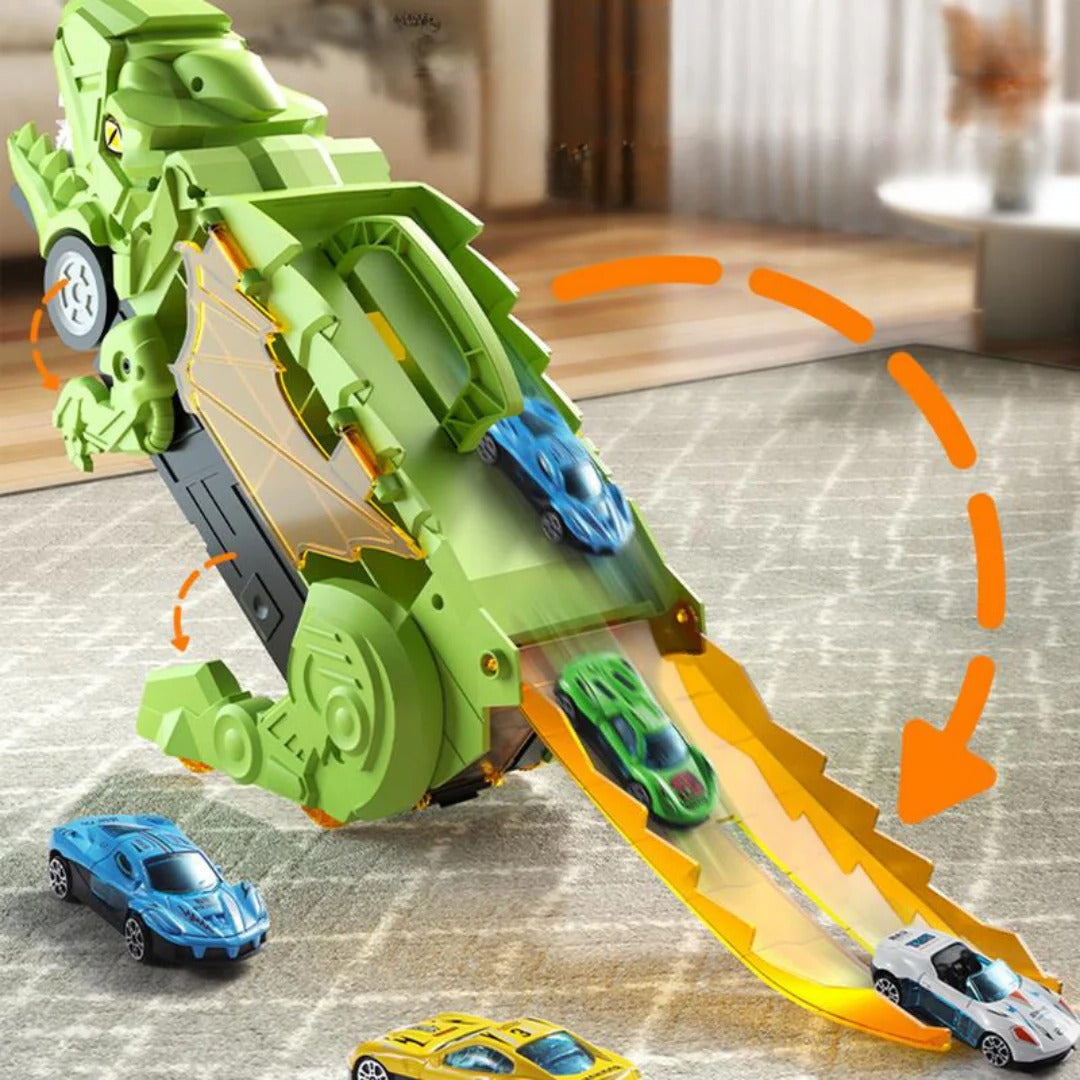Dinosaur Transport Truck That Transforms into an Upright Dinosaur with Two Race Tracks and Storage for Eight Toy Cars