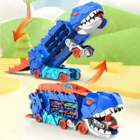 Dinosaur Transport Truck That Transforms into an Upright Dinosaur with Two Race Tracks and Storage for Eight Toy Cars