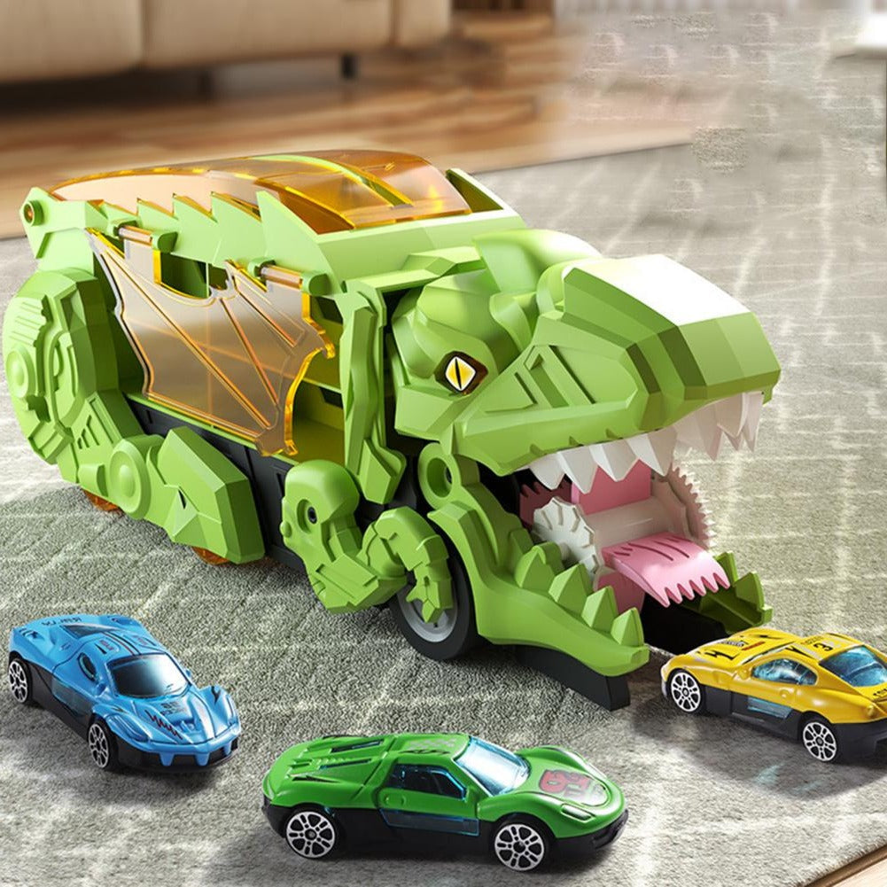 Dinosaur Transport Truck That Transforms into an Upright Dinosaur with Two Race Tracks and Storage for Eight Toy Cars