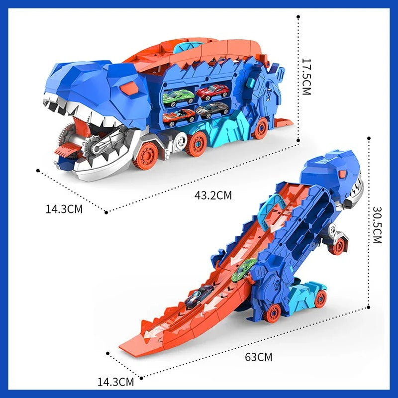 Dinosaur Transport Truck That Transforms into an Upright Dinosaur with Two Race Tracks and Storage for Eight Toy Cars
