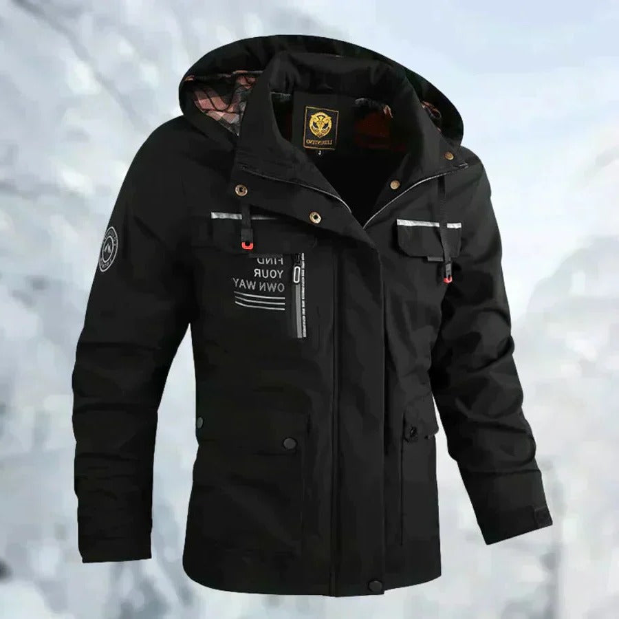 Men's Outdoor Jacket with Removable Hood and Breathable Membrane, Zippered Pockets