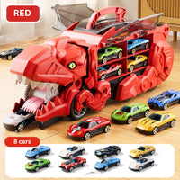 Dinosaur Transport Truck That Transforms into an Upright Dinosaur with Two Race Tracks and Storage for Eight Toy Cars