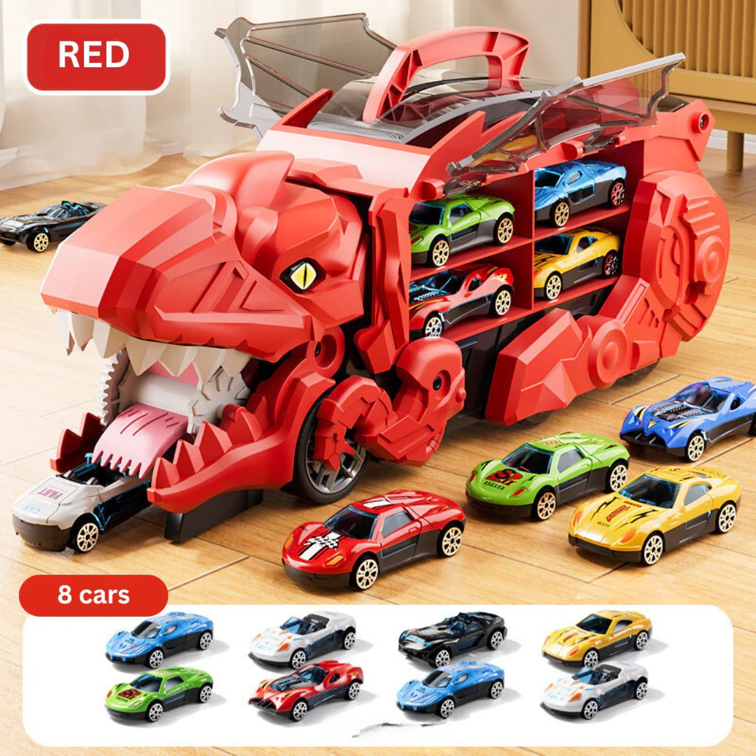 Dinosaur Transport Truck That Transforms into an Upright Dinosaur with Two Race Tracks and Storage for Eight Toy Cars