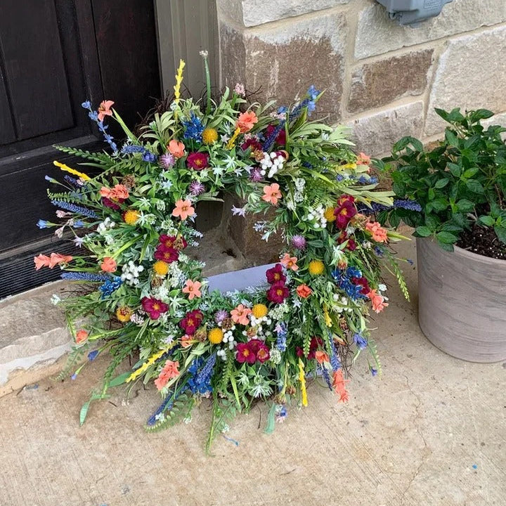 Spring Wildflower Door Wreath with Grapevine Base and Eucalyptus Greenery