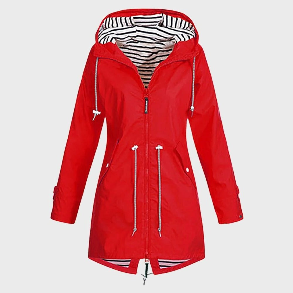 Women's Long Rain Jacket with Adjustable Drawstring Hood and Breathable Fabric