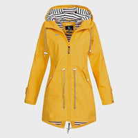 Women's Long Rain Jacket with Adjustable Drawstring Hood and Breathable Fabric