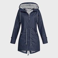 Women's Long Rain Jacket with Adjustable Drawstring Hood and Breathable Fabric