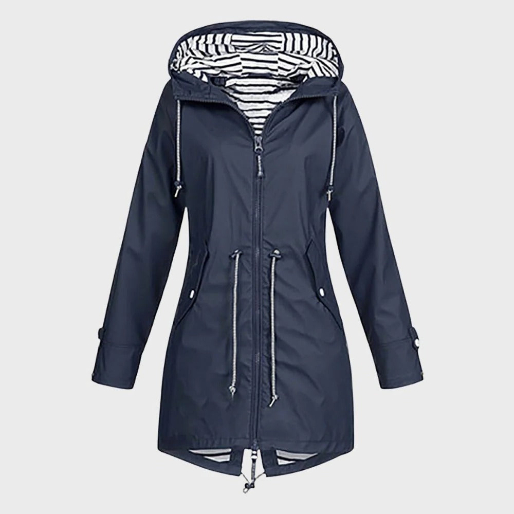 Women's Long Rain Jacket with Adjustable Drawstring Hood and Breathable Fabric