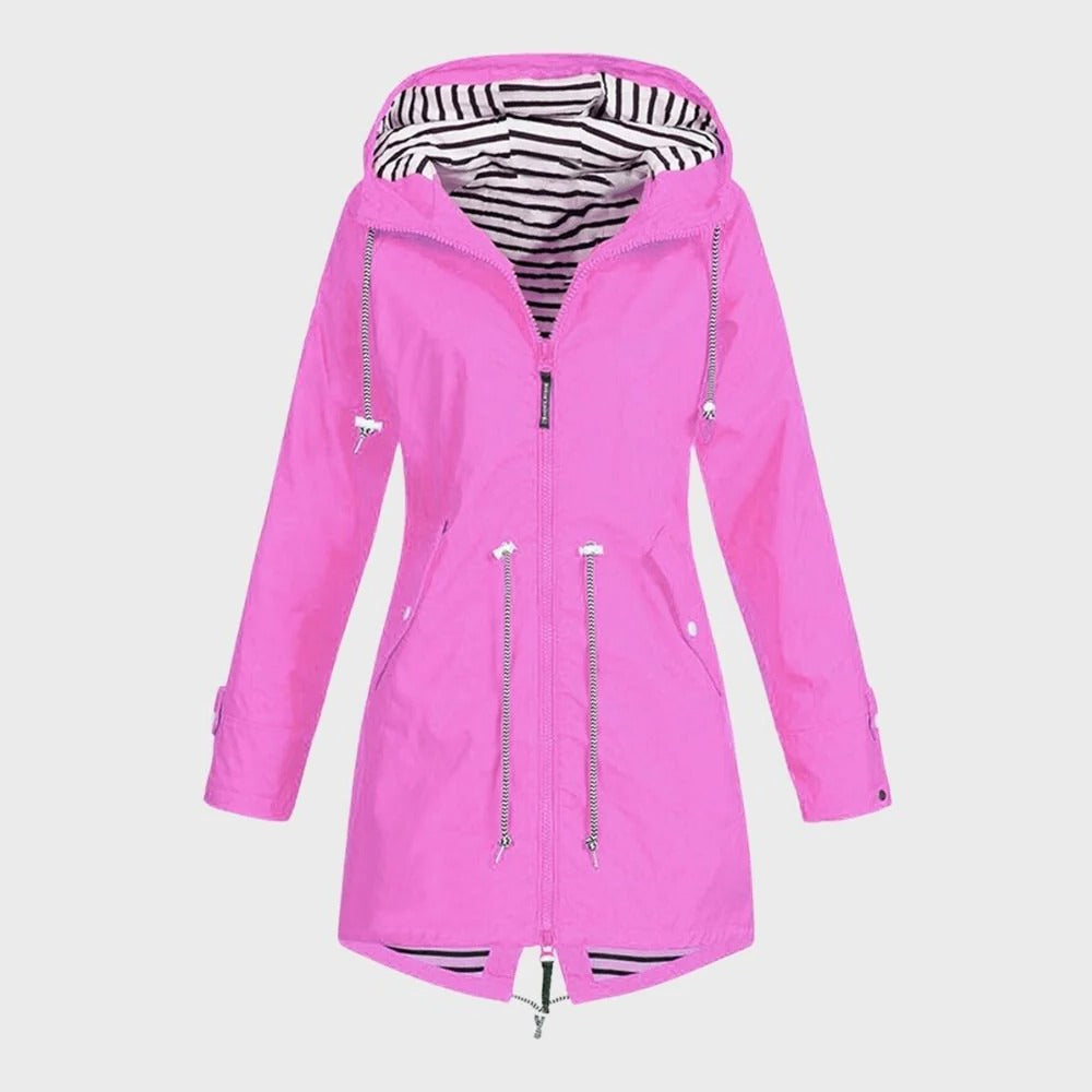 Women's Long Rain Jacket with Adjustable Drawstring Hood and Breathable Fabric