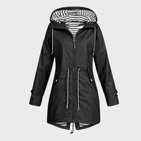 Women's Long Rain Jacket with Adjustable Drawstring Hood and Breathable Fabric