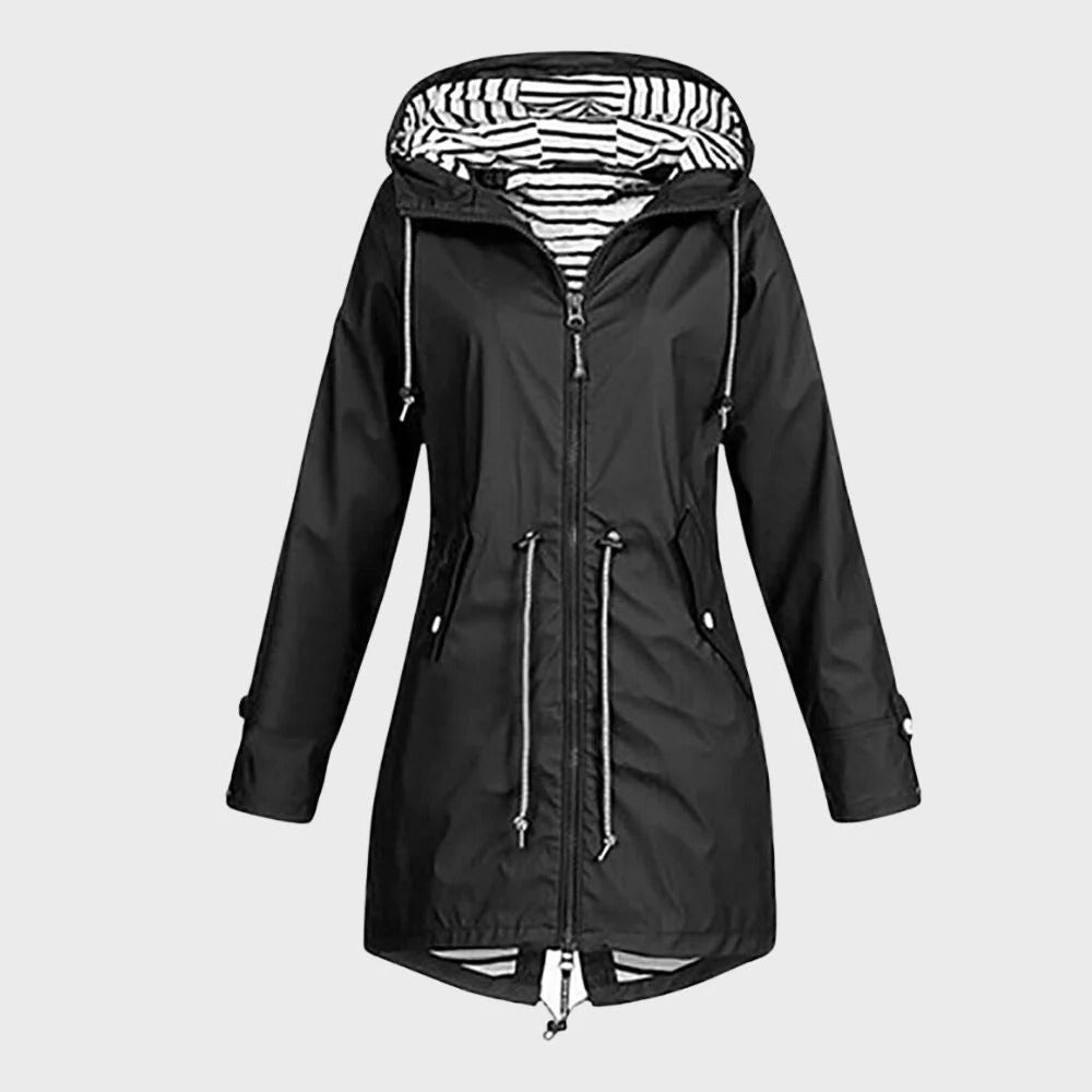 Women's Long Rain Jacket with Adjustable Drawstring Hood and Breathable Fabric