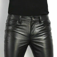 Black Faux Leather Pants with Spandex Blend and Low Rise, Slim Ankle Length