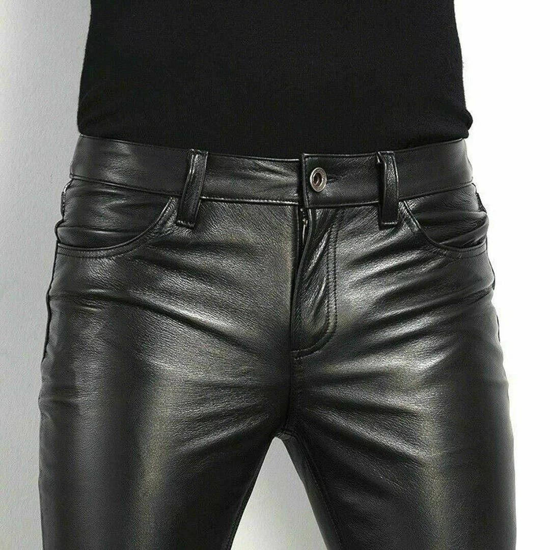 Black Faux Leather Pants with Spandex Blend and Low Rise, Slim Ankle Length