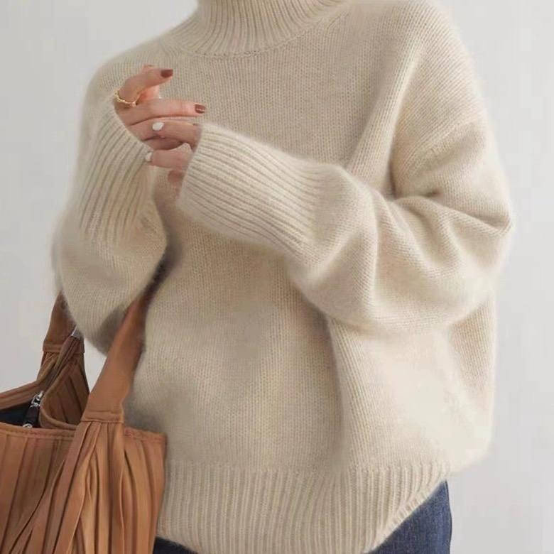 Turtleneck Sweater with Stretch Knit and Full Length Sleeves, Loose Fit