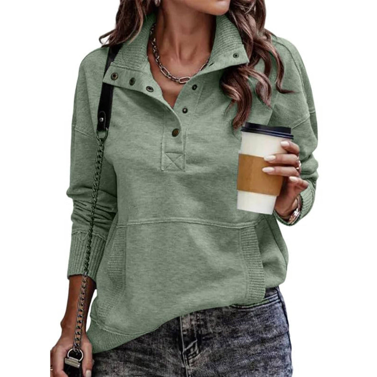 Women's Drawstring Stand Collar Pullover with Front Pockets and Long Sleeves