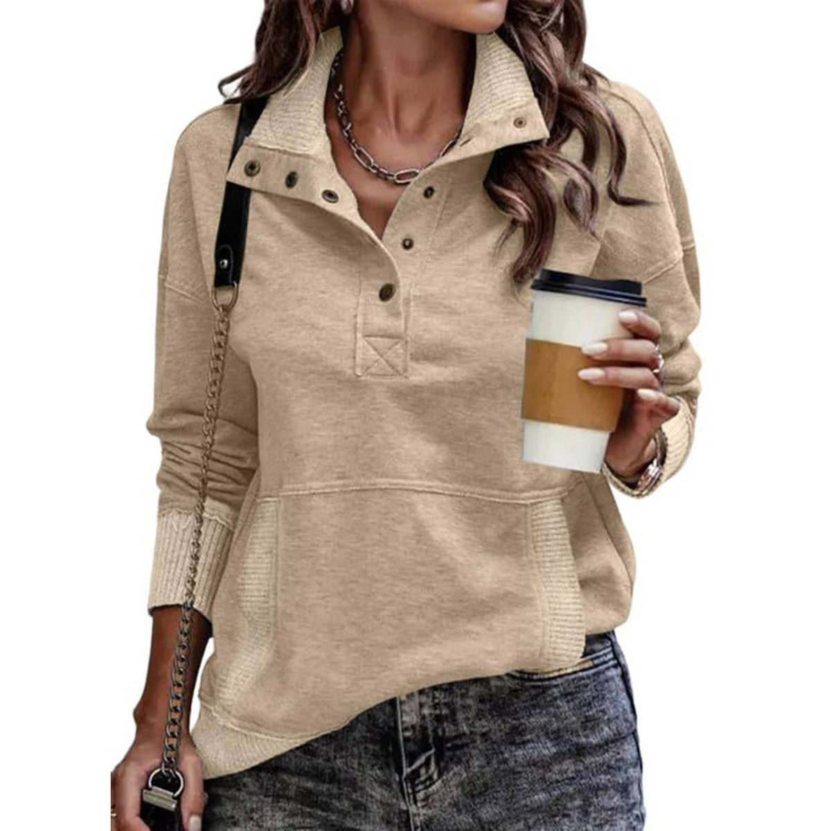 Women's Drawstring Stand Collar Pullover with Front Pockets and Long Sleeves