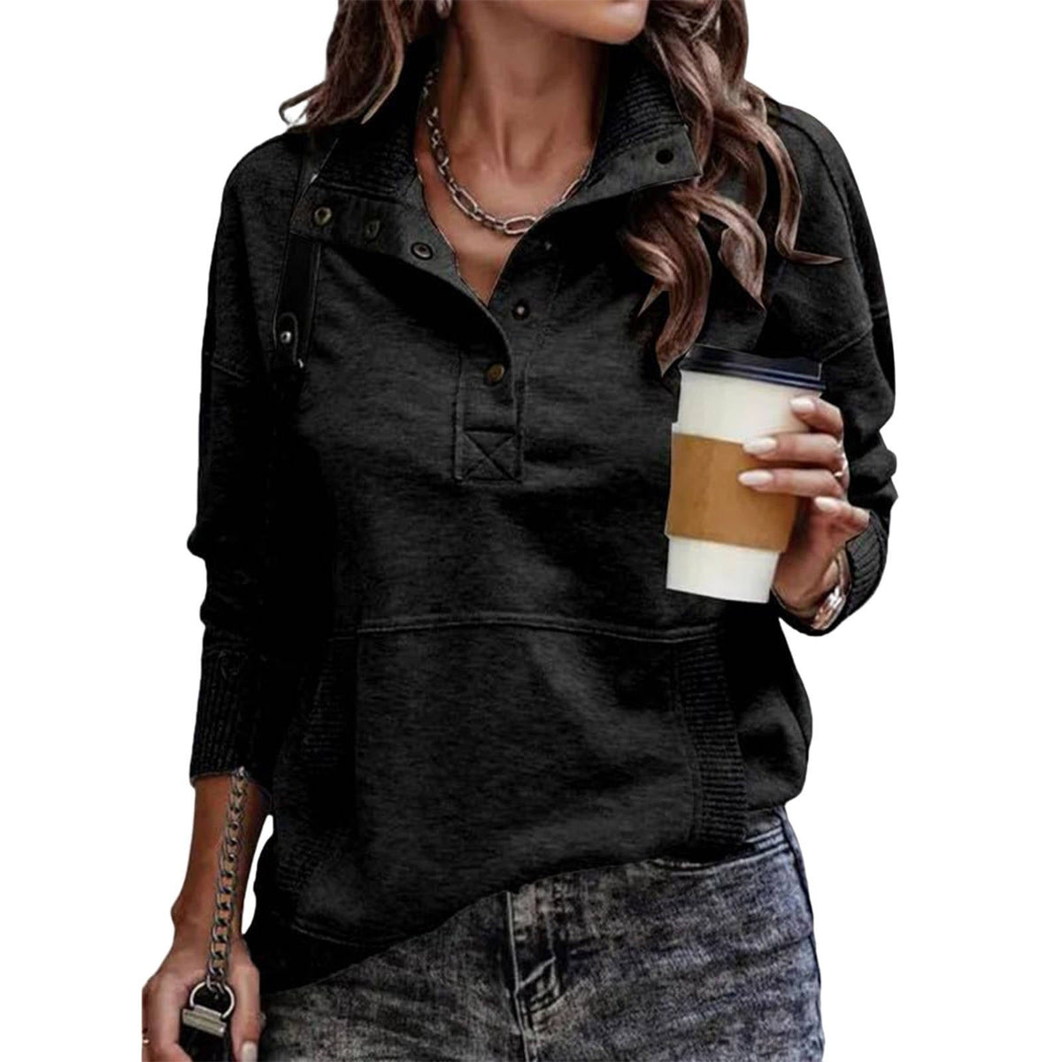 Women's Drawstring Stand Collar Pullover with Front Pockets and Long Sleeves