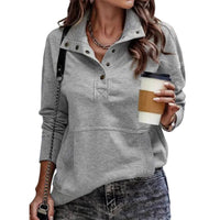 Women's Drawstring Stand Collar Pullover with Front Pockets and Long Sleeves
