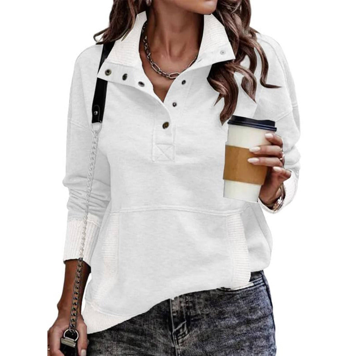 Women's Drawstring Stand Collar Pullover with Front Pockets and Long Sleeves