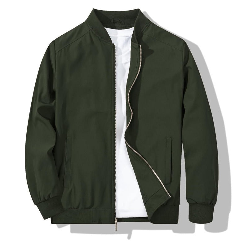 Matte Bomber Jacket with Metal Zipper and Rib Knit Trim for Men
