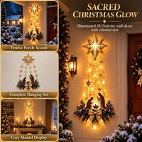 Wall Hanging Holy Family Scene in Resin with Evergreen Trim, Red Berries and a Lit Star