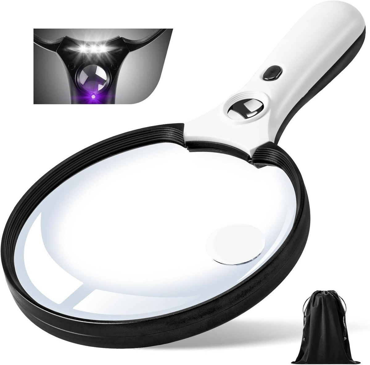 Large Handheld Magnifying Glass with a 5.5 Inch Lens, Three LED Lights and a UV Light in Three Colors