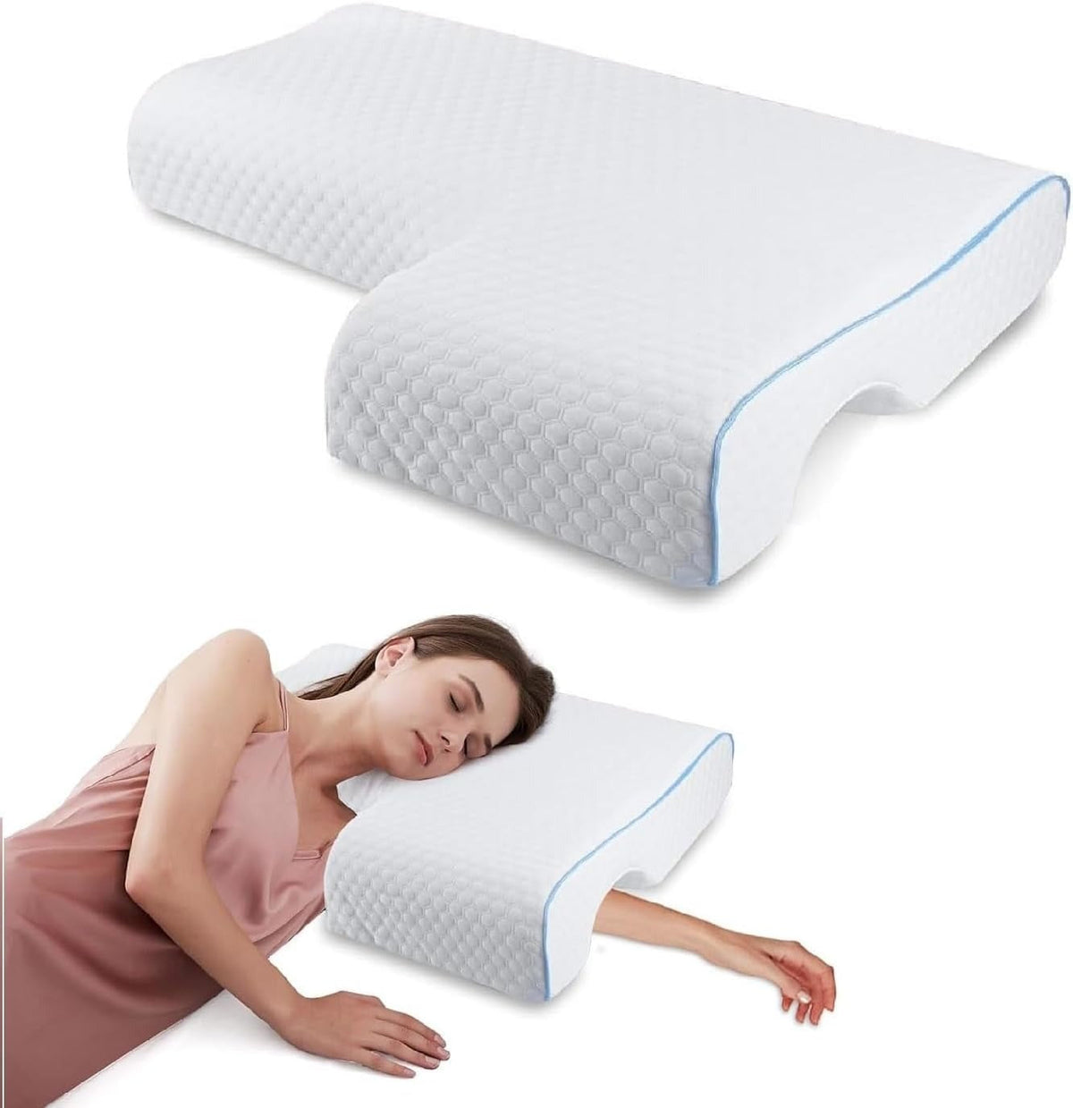 L-Shaped Couple Pillow with Arm Tunnel and Breathable Knit Cover, Removable Washable Case
