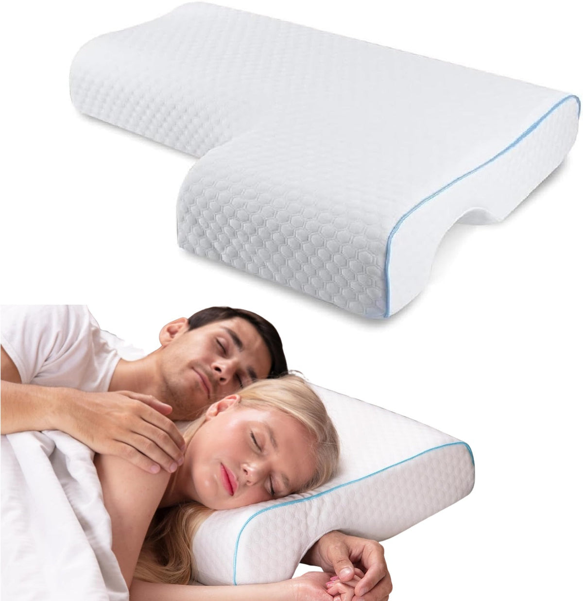 L-Shaped Couple Pillow with Arm Tunnel and Breathable Knit Cover, Removable Washable Case