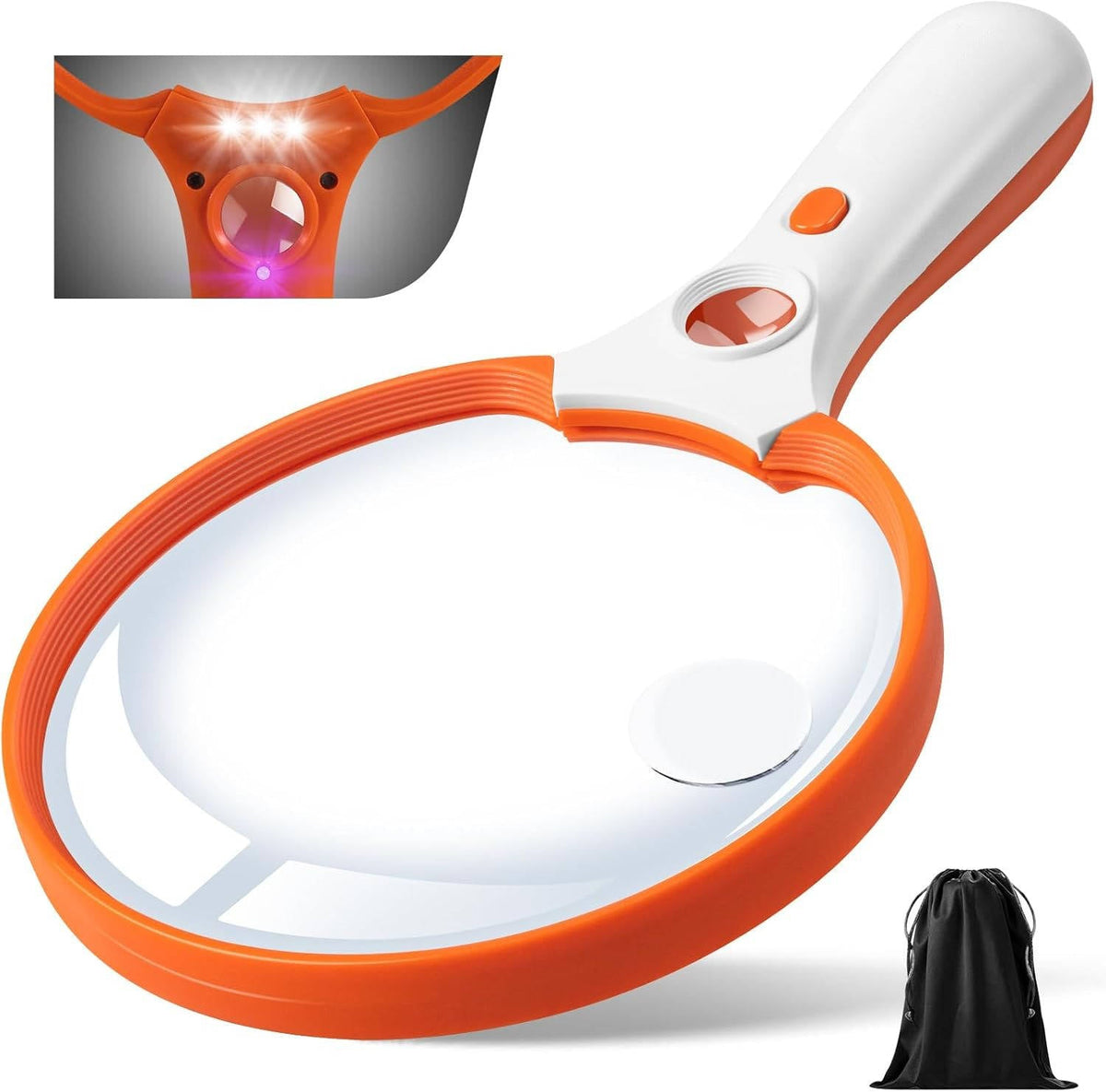 Large Handheld Magnifying Glass with a 5.5 Inch Lens, Three LED Lights and a UV Light in Three Colors