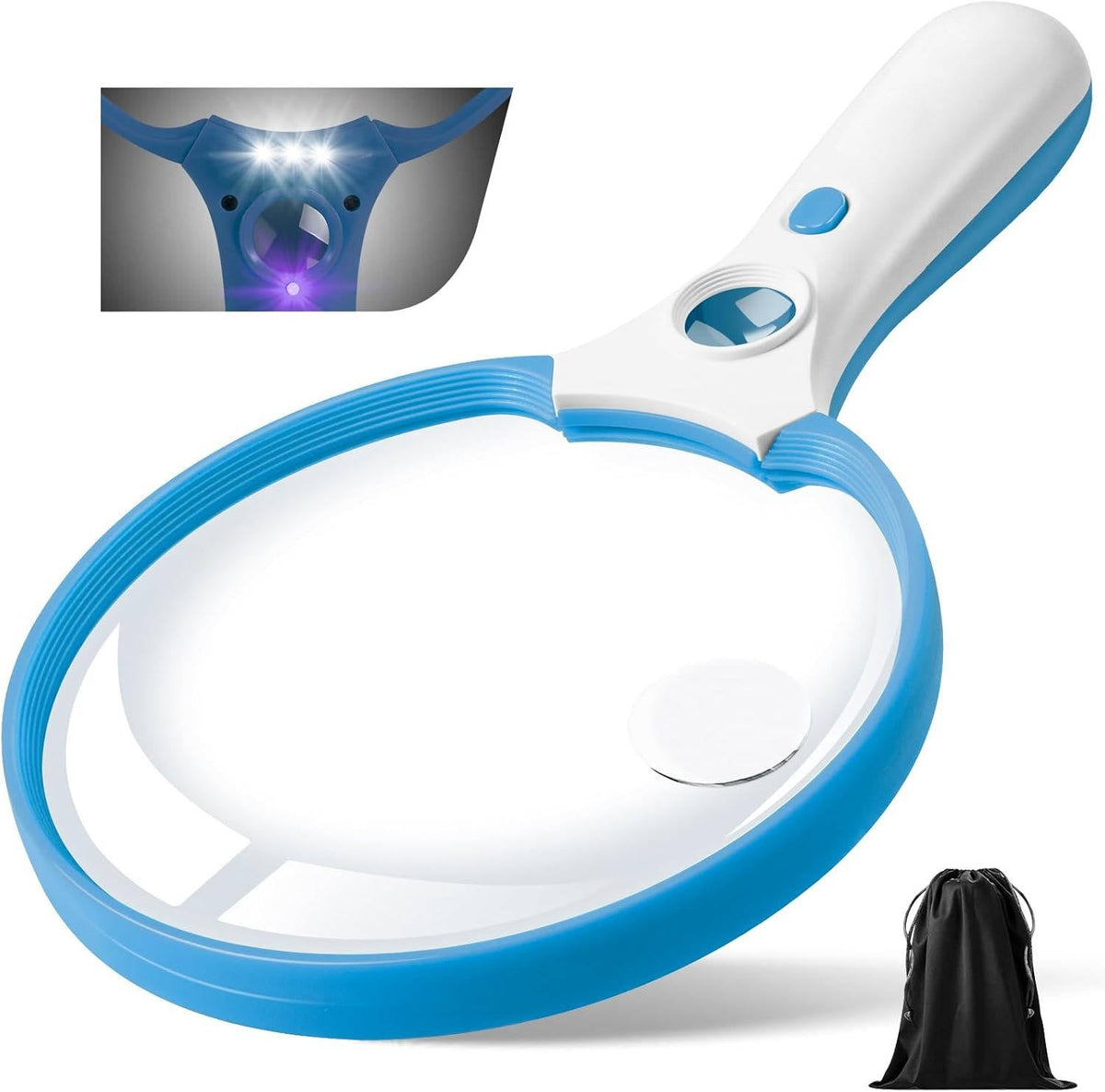 Large Handheld Magnifying Glass with a 5.5 Inch Lens, Three LED Lights and a UV Light in Three Colors