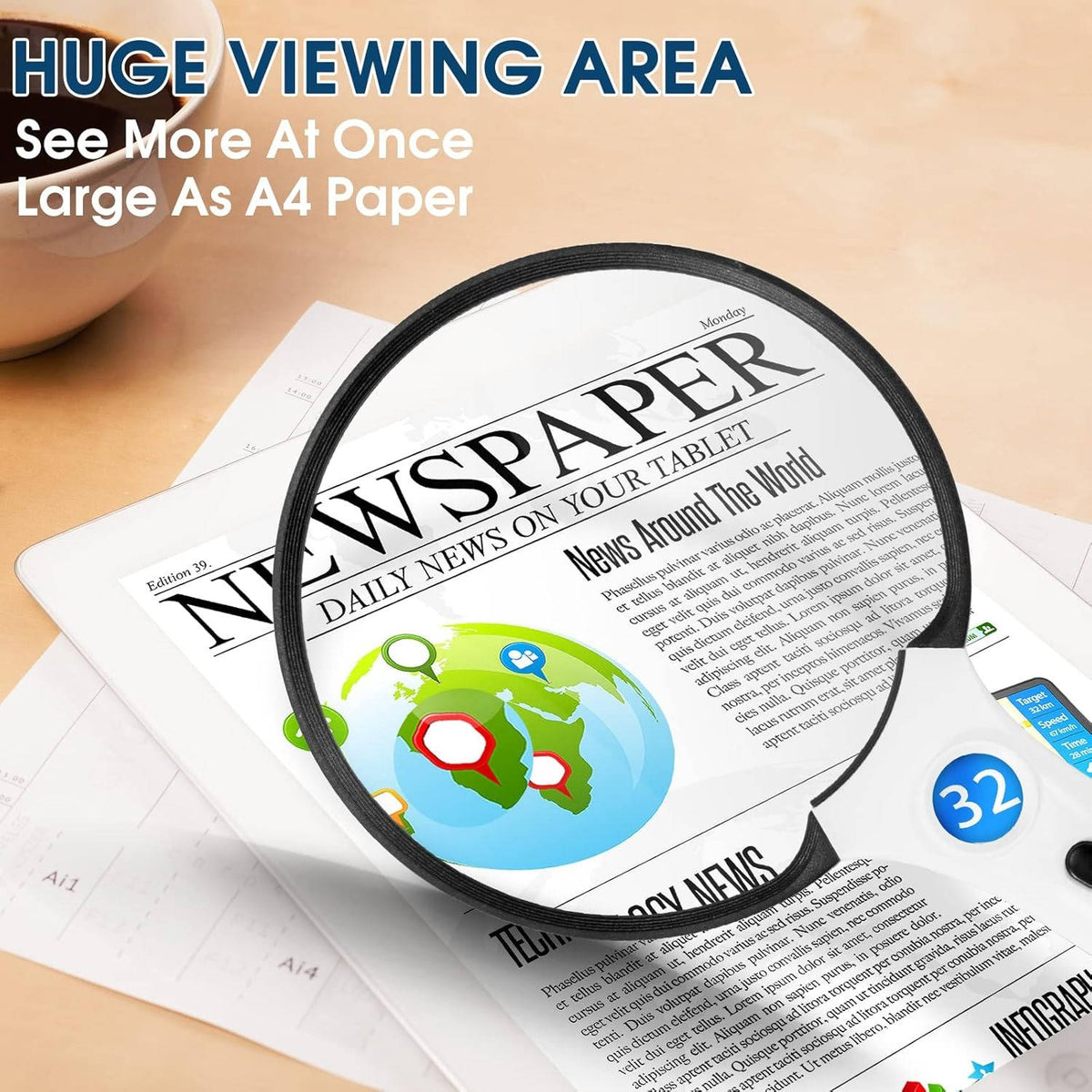 Large Handheld Magnifying Glass with a 5.5 Inch Lens, Three LED Lights and a UV Light in Three Colors