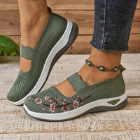 Breathable Mary Jane Shoe with Mesh Upper and Elastic Instep Strap, Floral Embroidery
