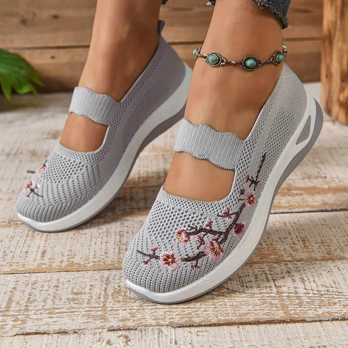 Breathable Mary Jane Shoe with Mesh Upper and Elastic Instep Strap, Floral Embroidery