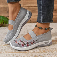 Breathable Mary Jane Shoe with Mesh Upper and Elastic Instep Strap, Floral Embroidery