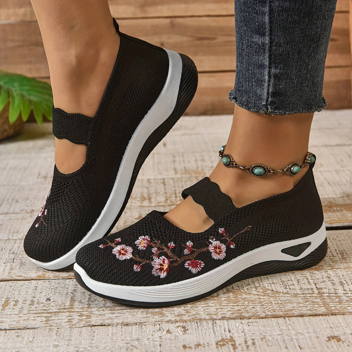 Breathable Mary Jane Shoe with Mesh Upper and Elastic Instep Strap, Floral Embroidery