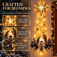 Wall Hanging Holy Family Scene in Resin with Evergreen Trim, Red Berries and a Lit Star