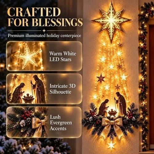 Wall Hanging Holy Family Scene in Resin with Evergreen Trim, Red Berries and a Lit Star