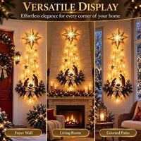 Wall Hanging Holy Family Scene in Resin with Evergreen Trim, Red Berries and a Lit Star