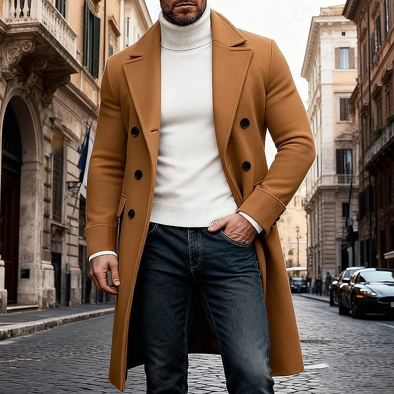 Mens Long Overcoat with Double Breasted Look, Roomy Pockets and Structured Fit in Eight Colors