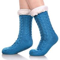 Cable Knit Slipper Socks with Faux Fur Lining and Grip Dots in One Size for Home Wear