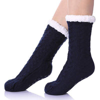 Cable Knit Slipper Socks with Faux Fur Lining and Grip Dots in One Size for Home Wear