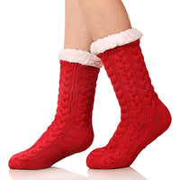 Cable Knit Slipper Socks with Faux Fur Lining and Grip Dots in One Size for Home Wear