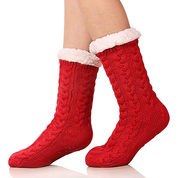 Cable Knit Slipper Socks with Faux Fur Lining and Grip Dots in One Size for Home Wear