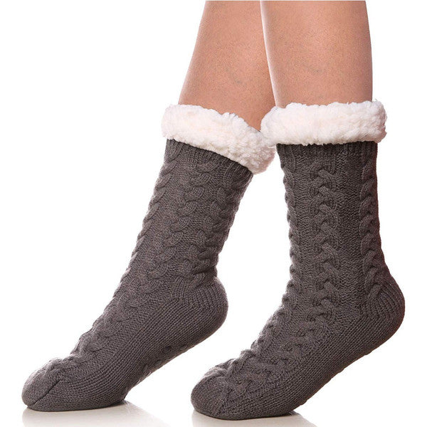 Cable Knit Slipper Socks with Faux Fur Lining and Grip Dots in One Size for Home Wear